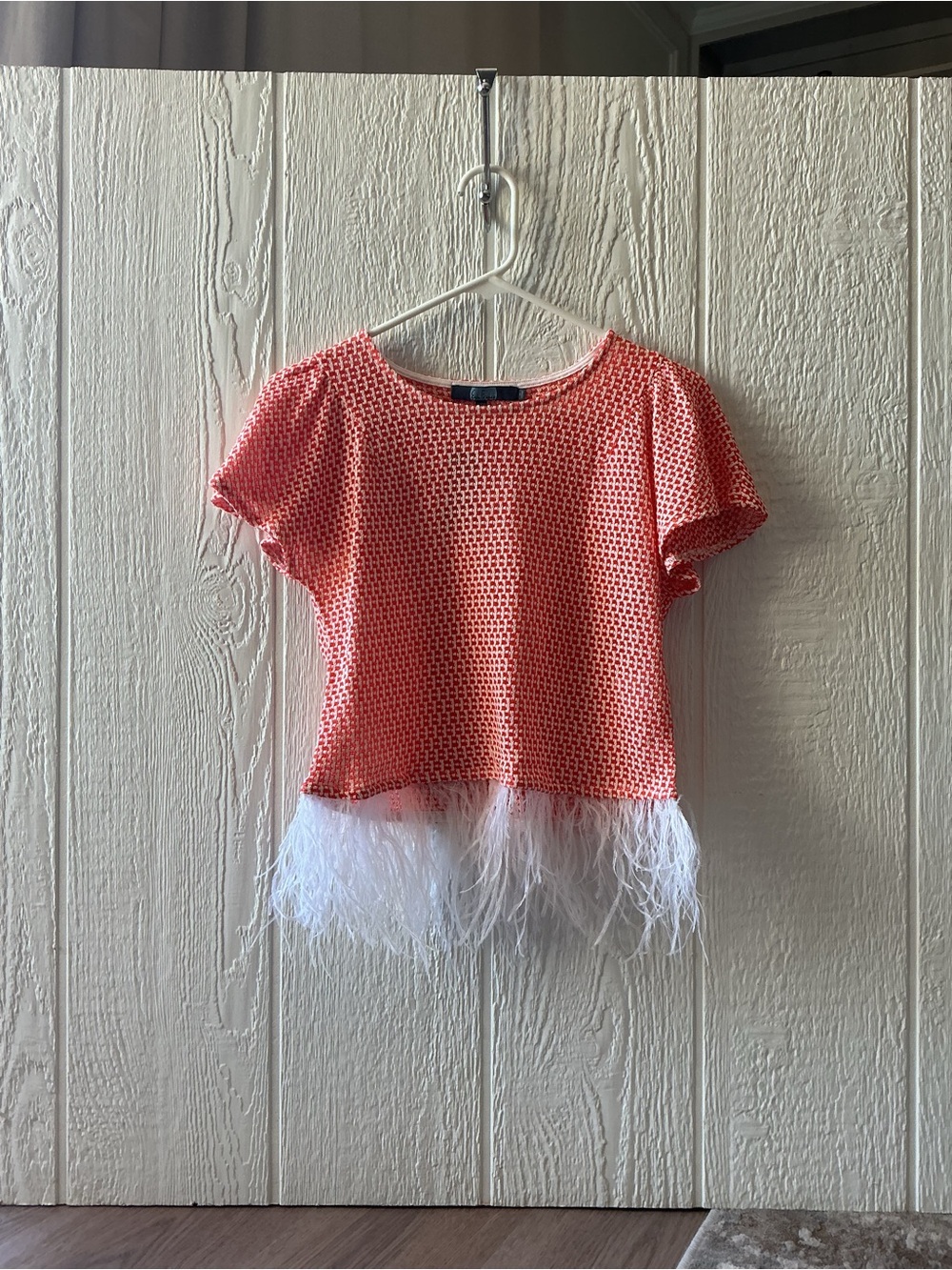 Eva Franco Coral and White Knit Crop Top with Feather Trim